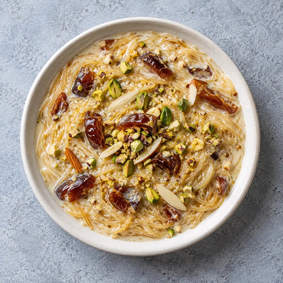 Sheer khurma aux dattes et à la cardamome : vermicelles dorés dans un lait crémeux, parsemés de dattes et de noix.