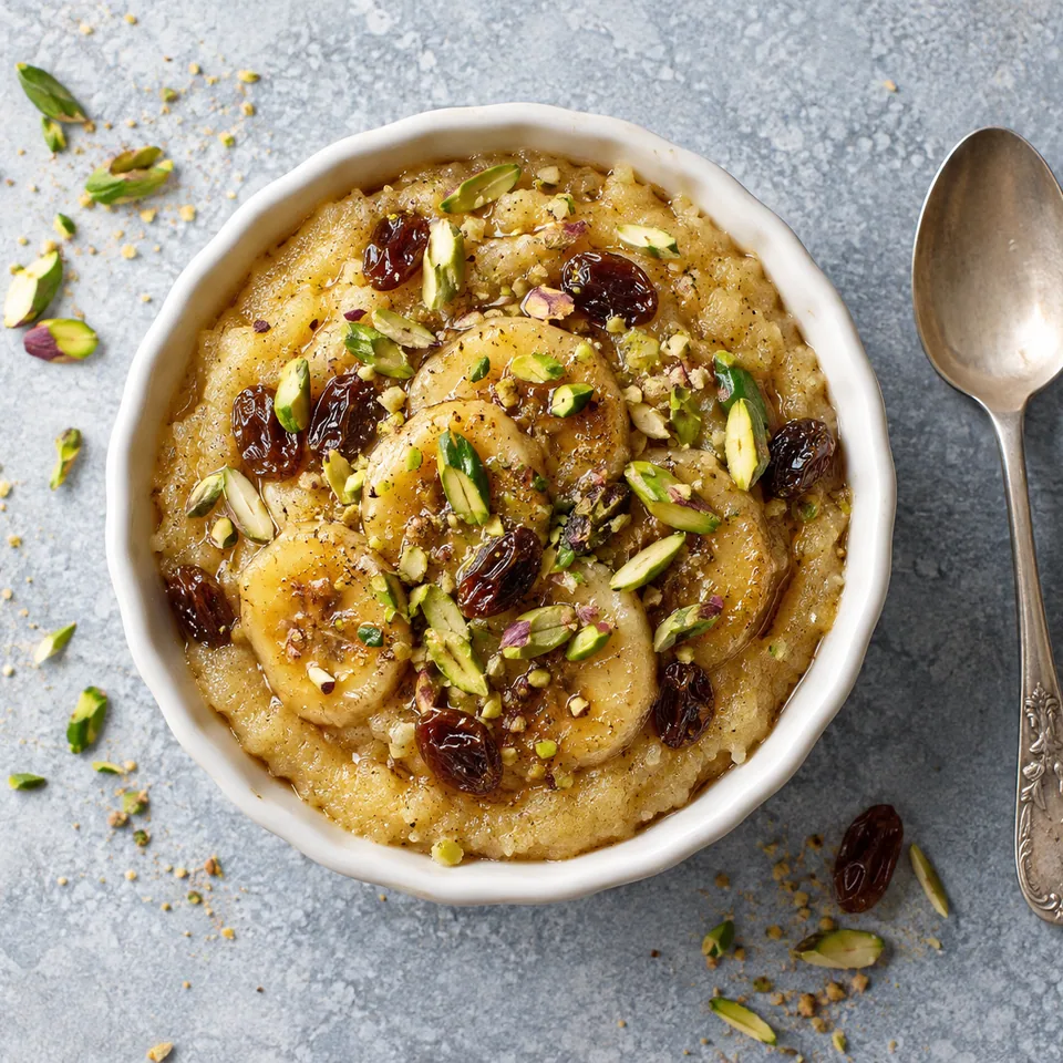 Ramequin blanc cassé contenant une portion de sheera à la banane, garnie de pistaches vertes et de raisins secs.