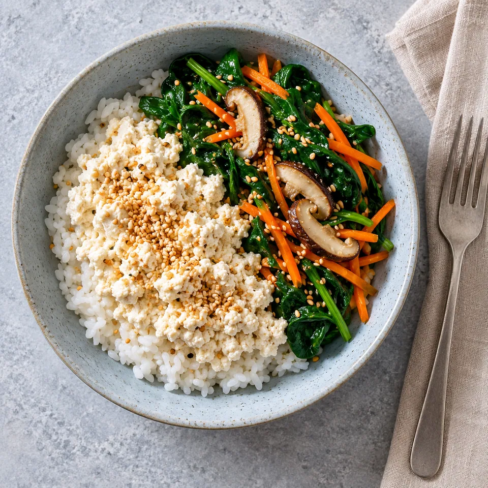 Assiette creuse bleu-gris avec riz, tofu blanc, épinards verts, carottes orange et champignons, parsemé de sésame doré.