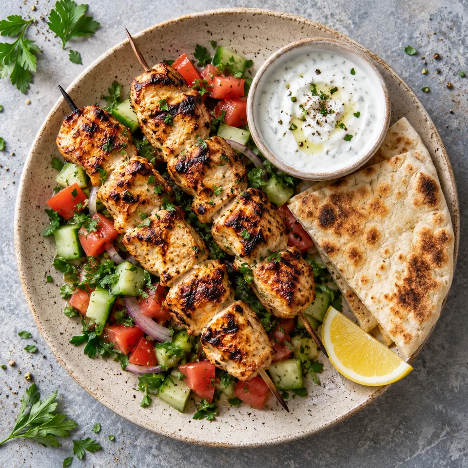 Shish taouk : brochettes de poulet grillé doré, salade de tomates et concombre frais, sauce yaourt blanc cassé et pain libanais sur assiette grès beige.