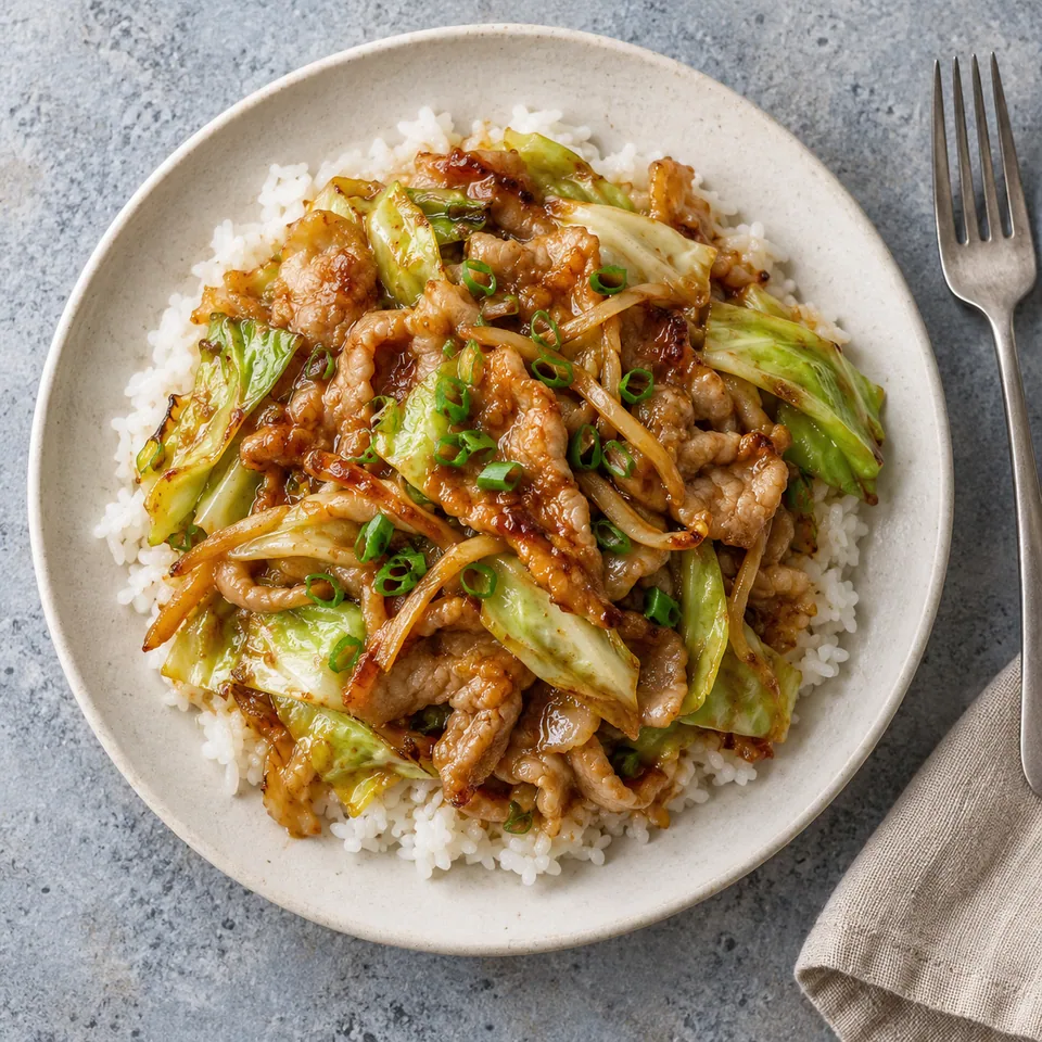 Assiette de shogayaki : porc sauté doré et chou pointu nappés de sauce soja, servis sur riz blanc.