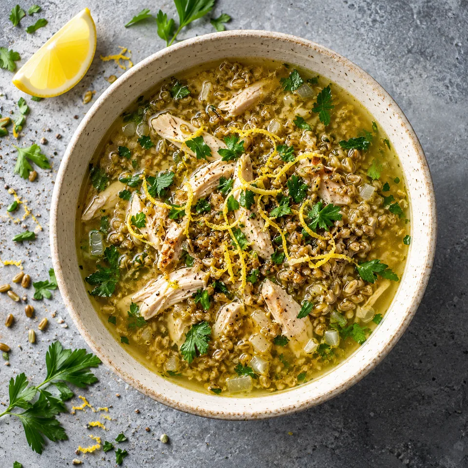 Shorbat freekeh, soupe levantine au poulet dans un grand bol crème, garnie de persil et de citron.