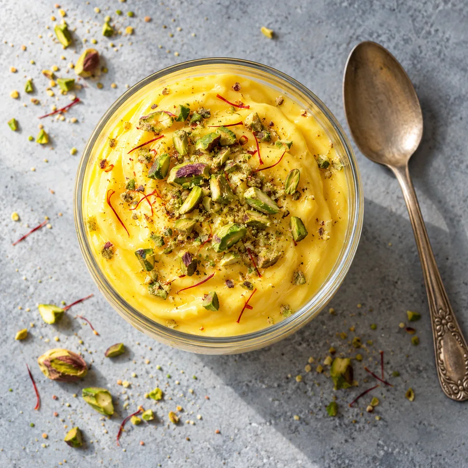 Shrikhand au safran et à la cardamome, pistaches : crème jaune orangée lisse et brillante parsemée de pistaches concassées dans une verrine en verre.