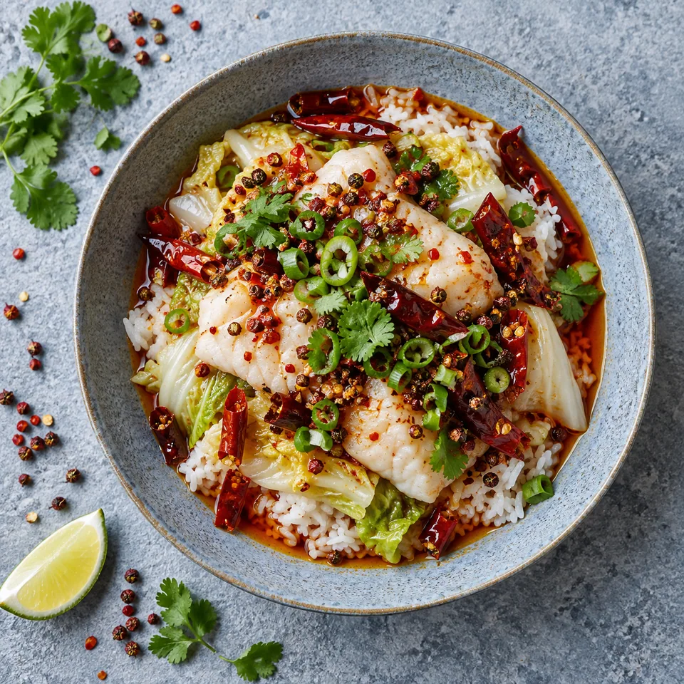 Assiette de shui zhu yu : riz, chou, cabillaud blanc, huile pimentée rouge brillante, oignon vert et coriandre.