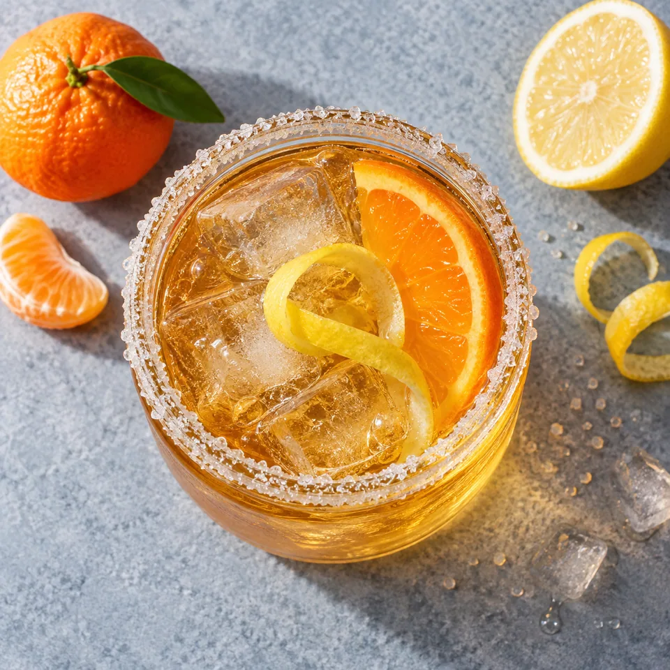 Sidecar clémentine, cognac et citron dans un bocal en verre, bord sucré, glaçons et liquide doré.