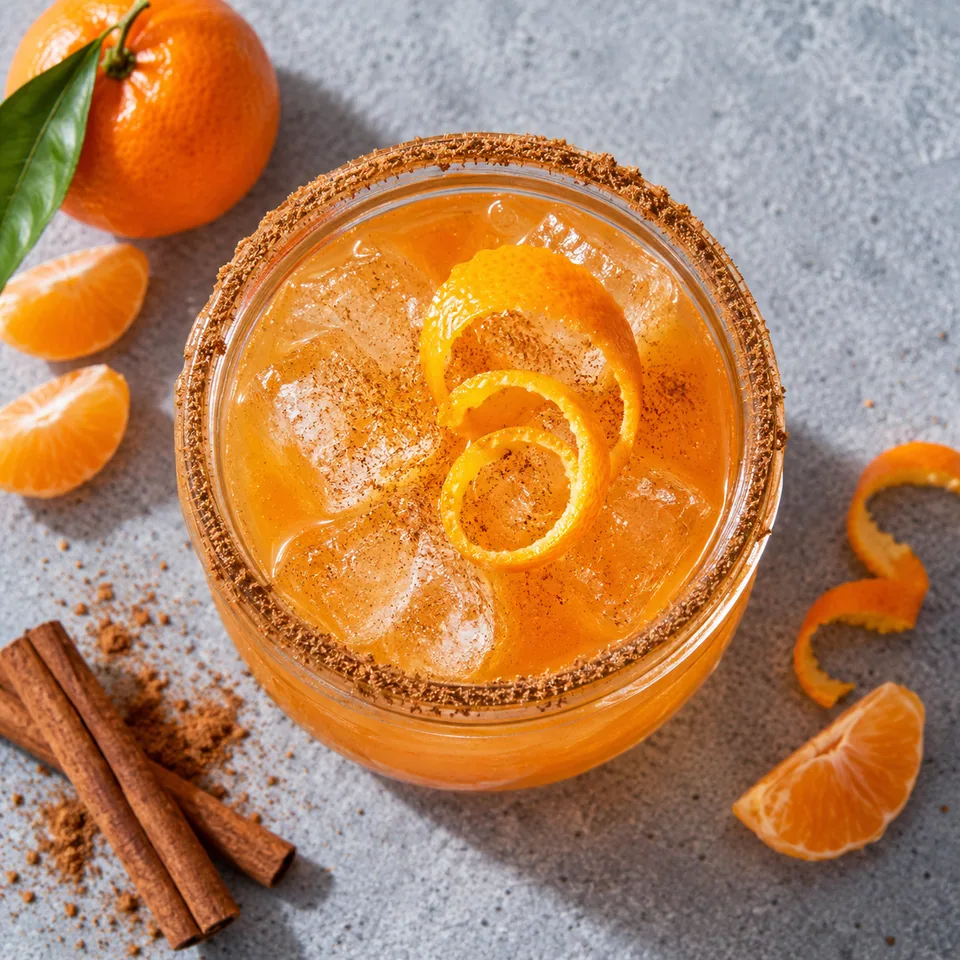 Sidecar sans alcool à la clémentine dans un bocal en verre, glaçons, bordure cannelle et zeste d'orange.