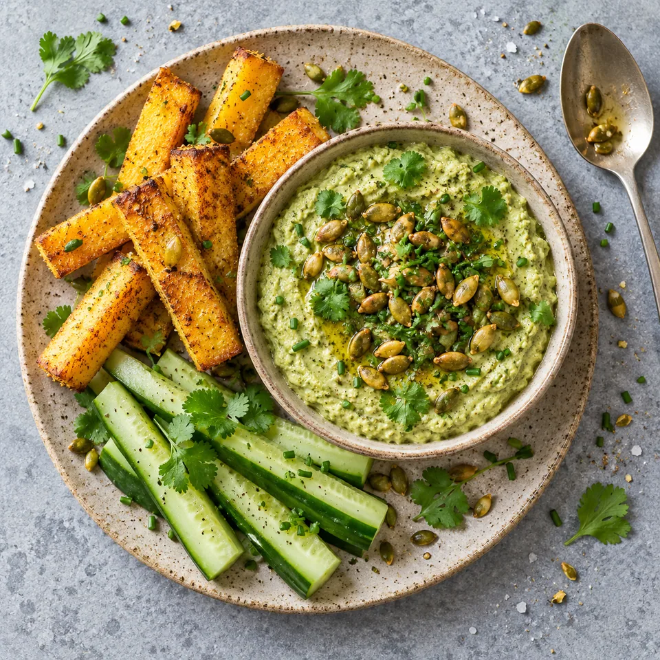 Sikil pak, dip maya aux graines de courge : portion avec polenta croustillante et bâtonnets de concombre.
