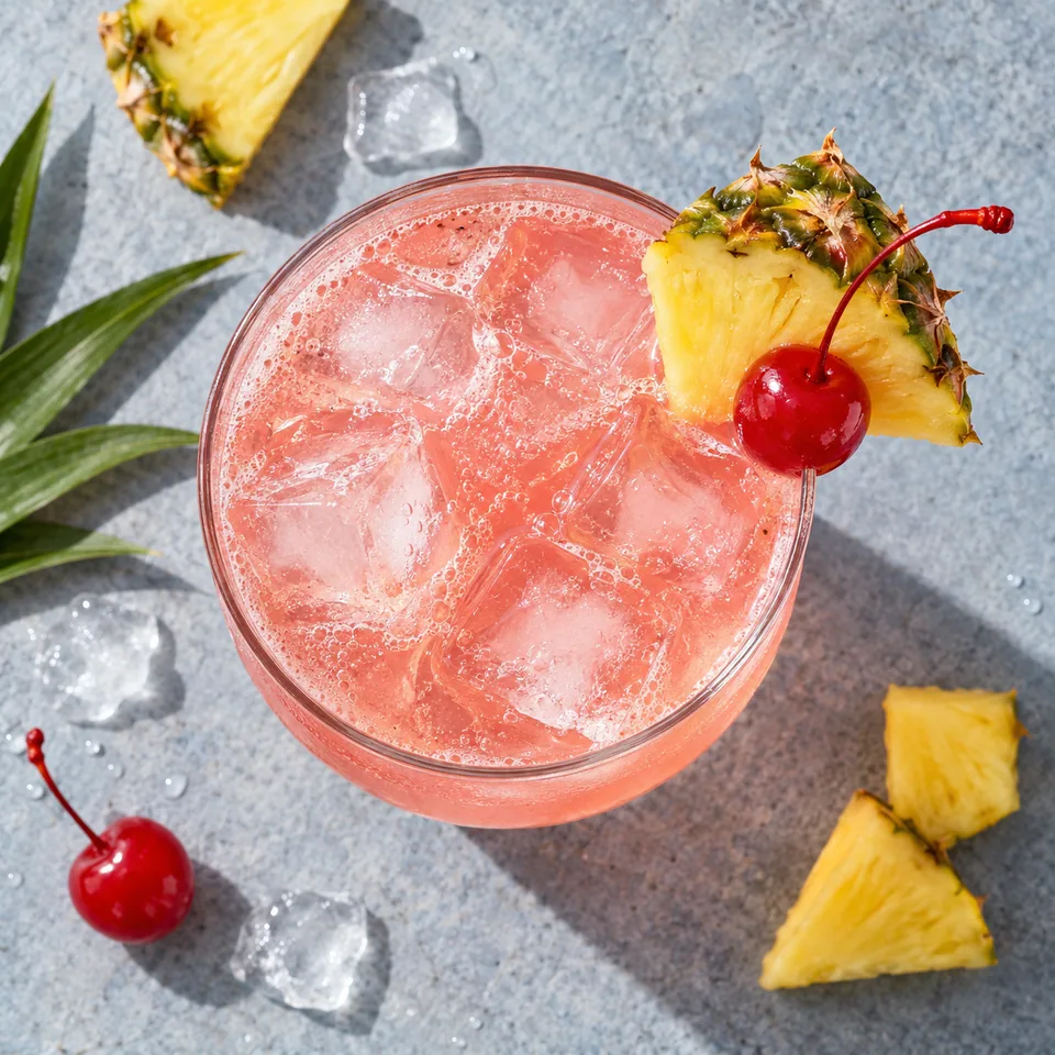 Singapore sling à l’ananas et à la cerise dans un grand verre transparent avec glaçons, quartier d'ananas et cerise.