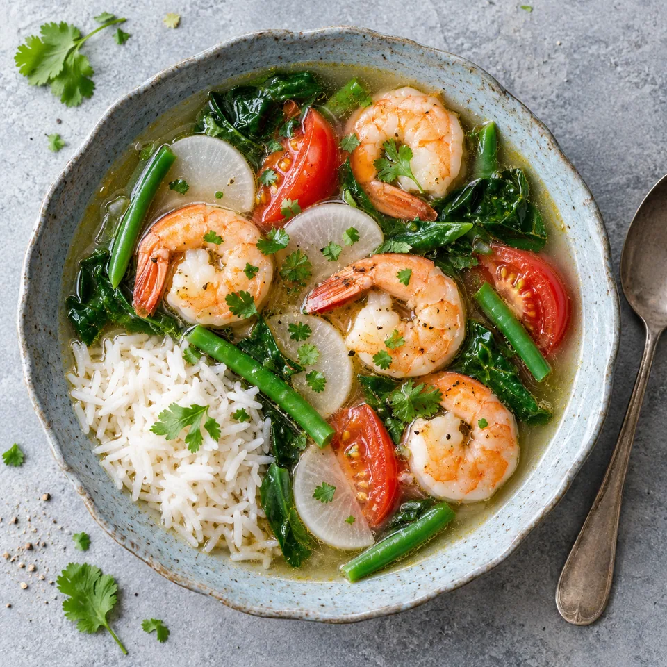 Bol de sinigang aux crevettes et légumes, avec riz à côté, vue de dessus
