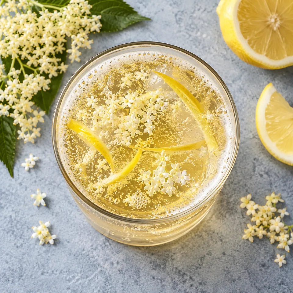 Sirop de fleurs de sureau pétillant dans un grand verre transparent, liquide doré aux bulles et zestes de citron.