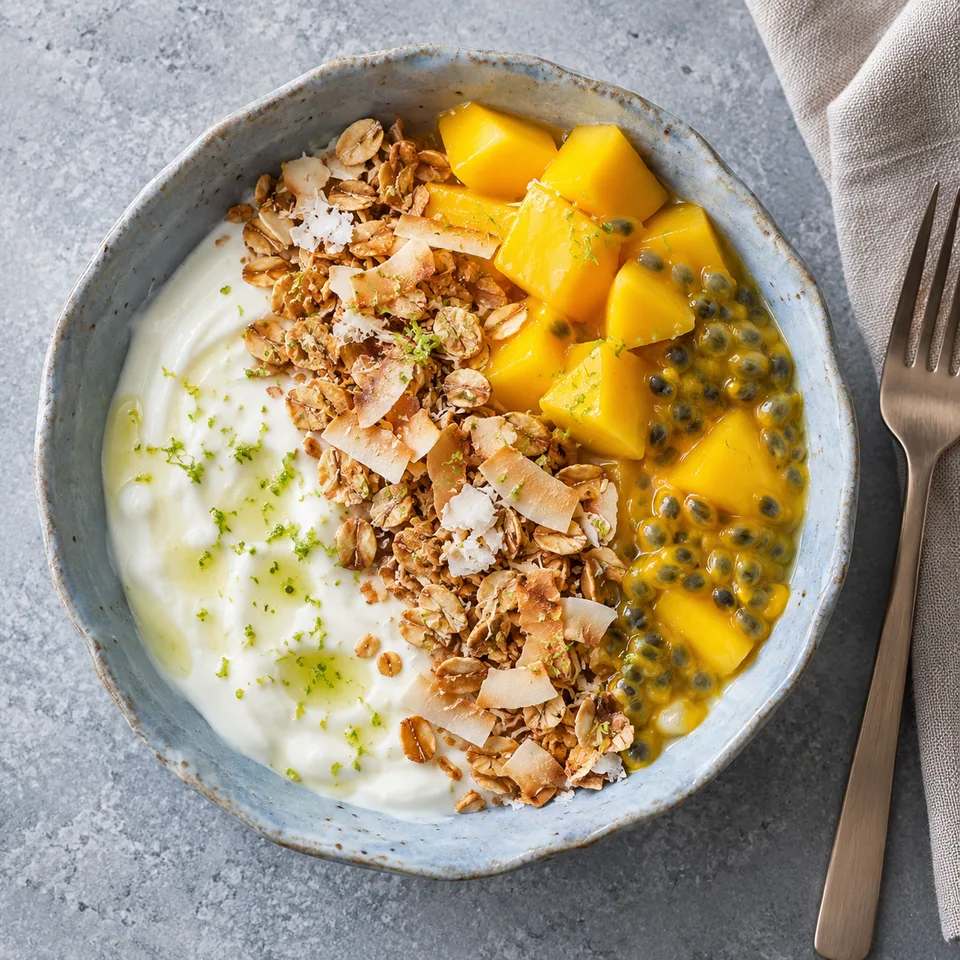 Skyr bowl tropical, mangue, passion et coco : bol en grès bleu-gris avec skyr blanc, dés de mangue jaune, pulpe de passion et flocons d'avoine dorés.