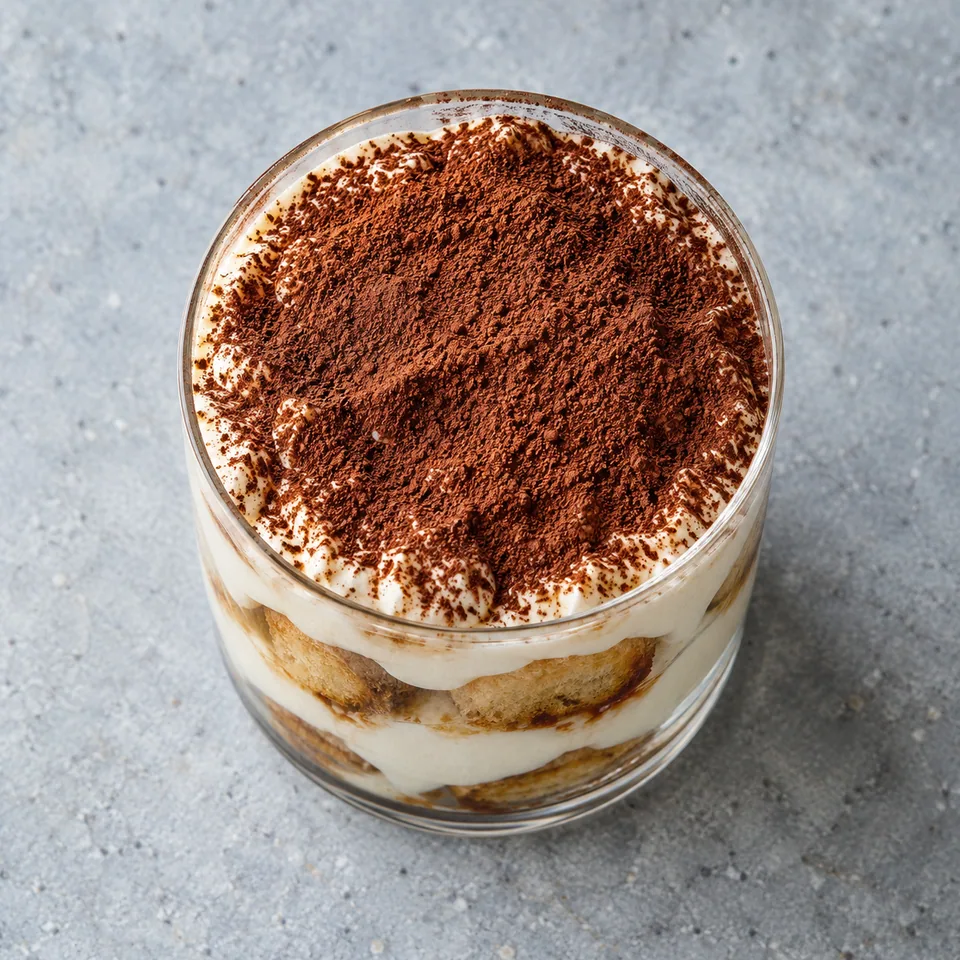 Skyr façon tiramisu, café et cacao : verrine avec couches de biscuits trempés et crème blanche nappée de cacao.