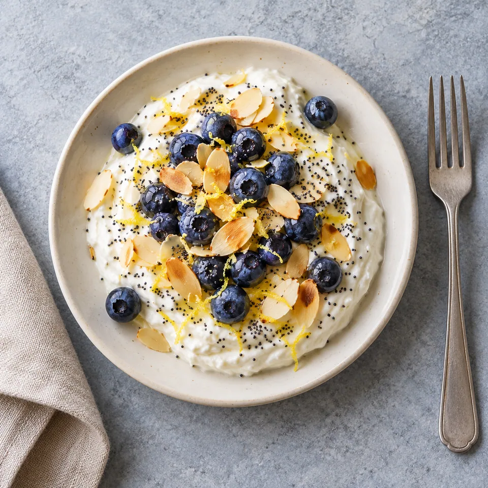 Skyr fouetté citron-pavot et myrtilles dans une assiette blanche, garni de myrtilles et d'amandes grillées.