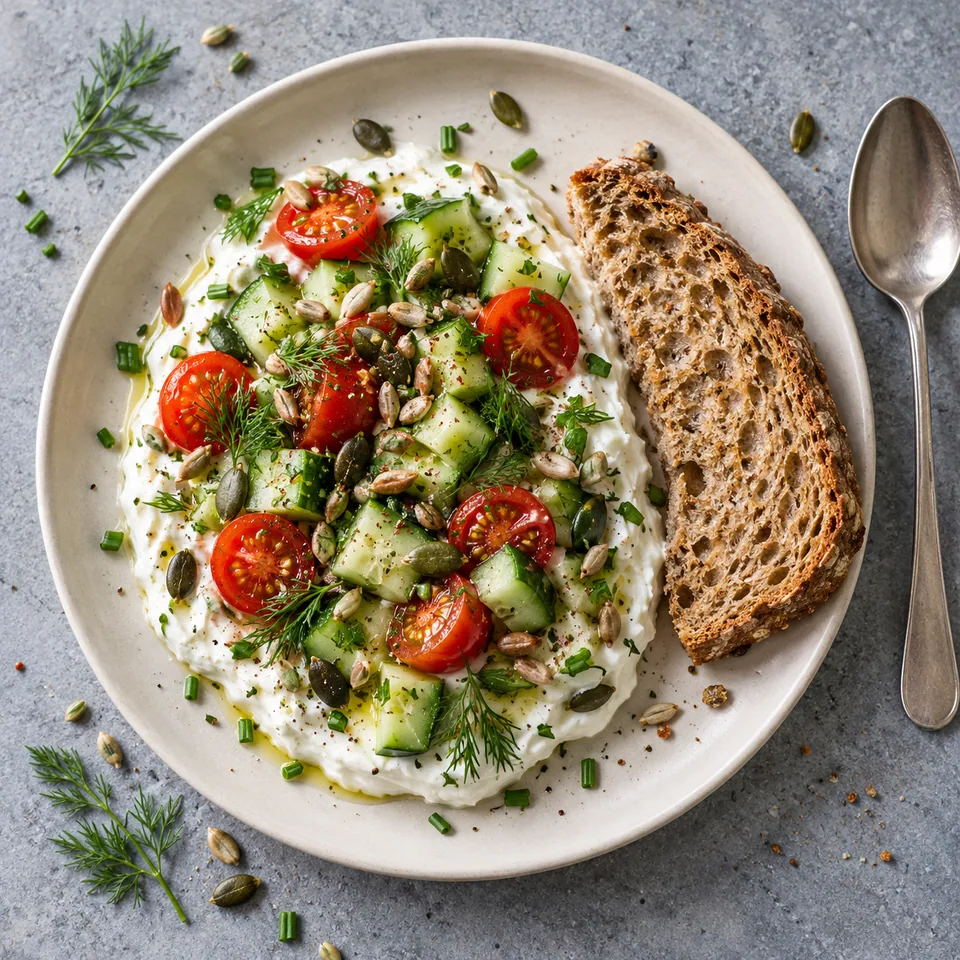 Bol de skyr aux tomates cerises, dés de concombre, herbes fraîches et graines croustillantes, servi avec une tranche de pain complet sur assiette blanche.