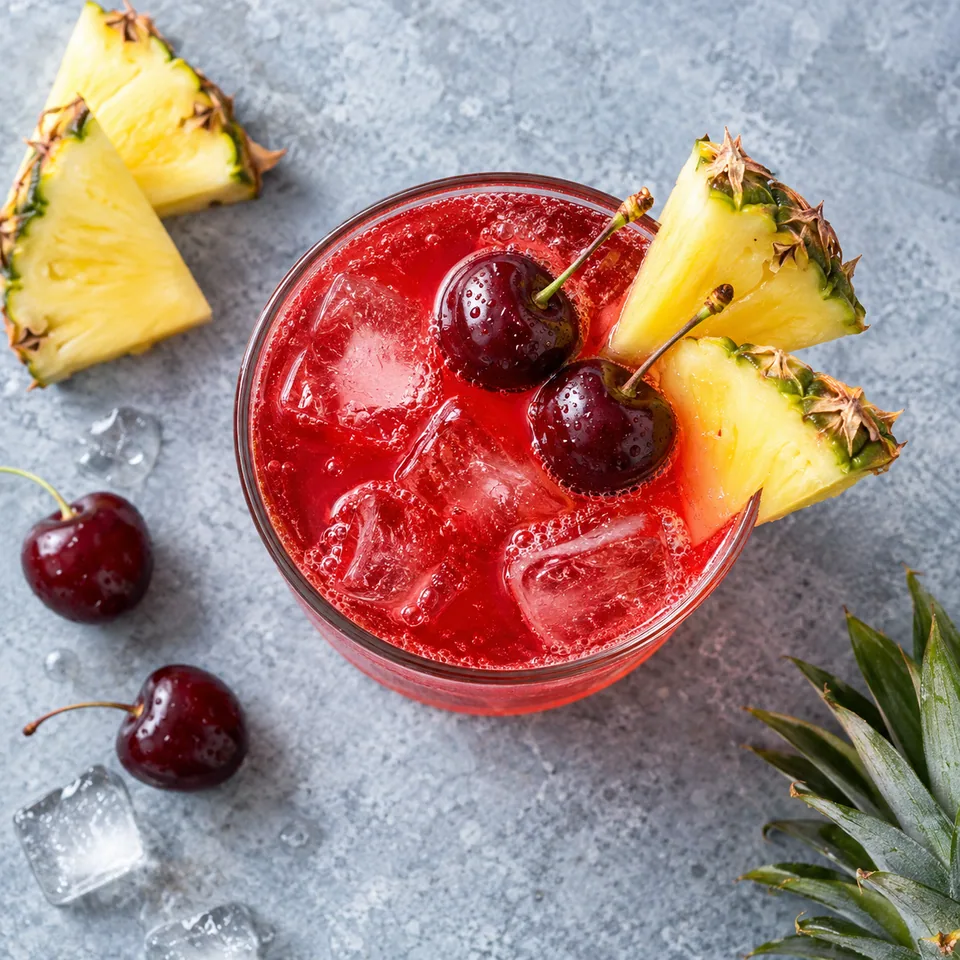 Sling ananas-cerise sans alcool dans un verre transparent, garni de cerises et d'ananas frais.