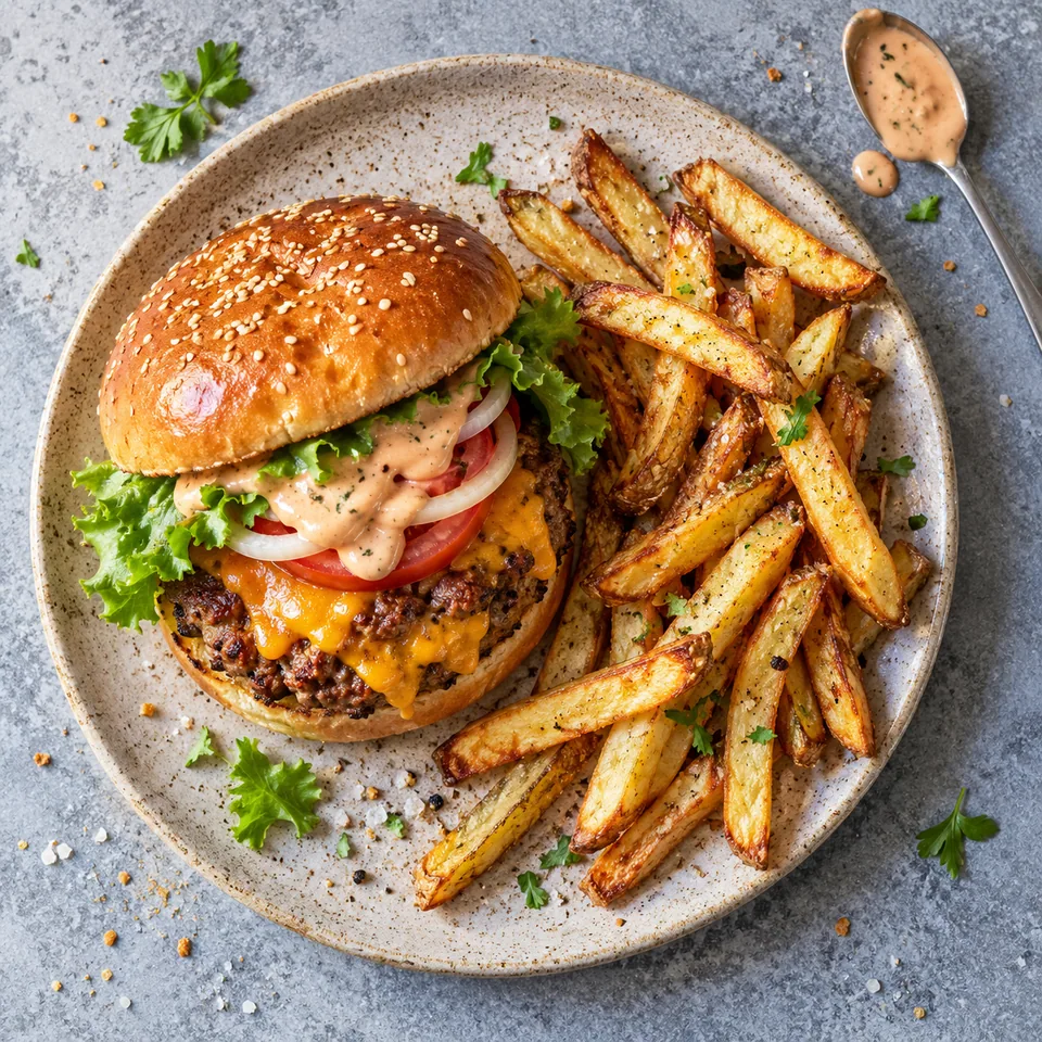 Smash burgers maison, frites au four : burger au cheddar et frites dorées sur assiette beige.