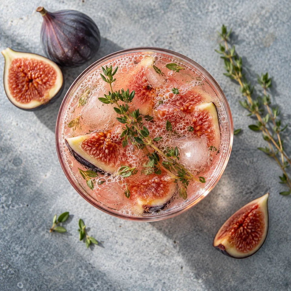 Smash sans alcool à la figue et au thym dans un verre transparent, avec figues écrasées et thym frais.