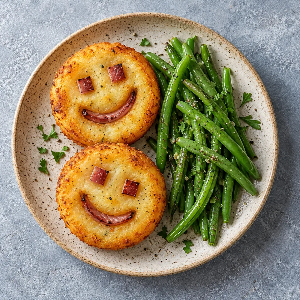 Assiette de smileys de purée dorés à l'air fryer, garnis de jambon et accompagnés de haricots verts frais.