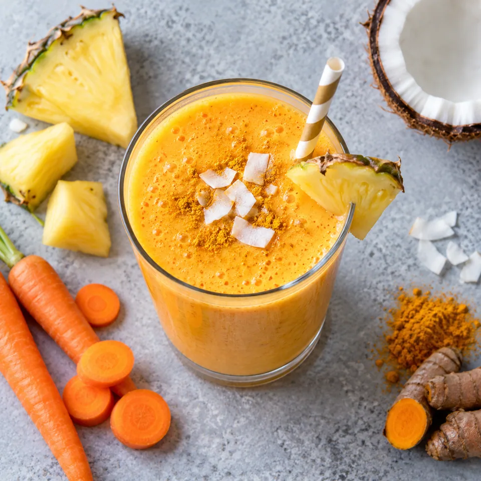 Smoothie ananas, carotte et lait de coco au curcuma dans un grand verre transparent, couleur orange dorée.