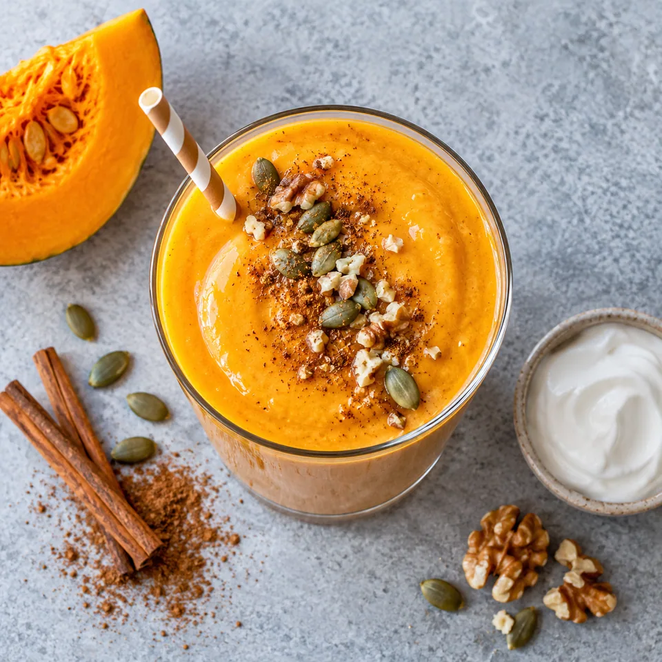 Smoothie orange au potiron dans un grand verre transparent, texture lisse et brillante.