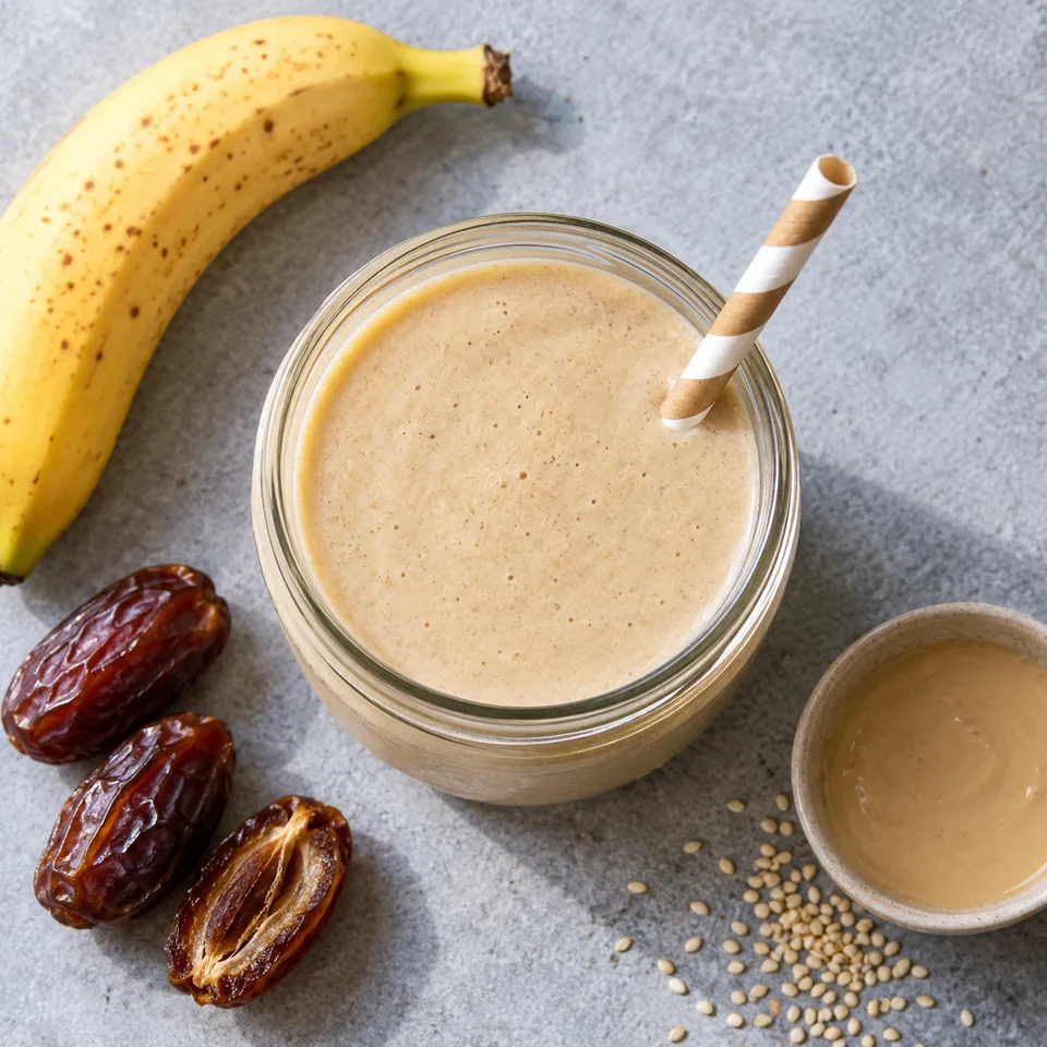 Smoothie banane, dattes et tahin dans un bocal en verre, texture lisse et beige clair.