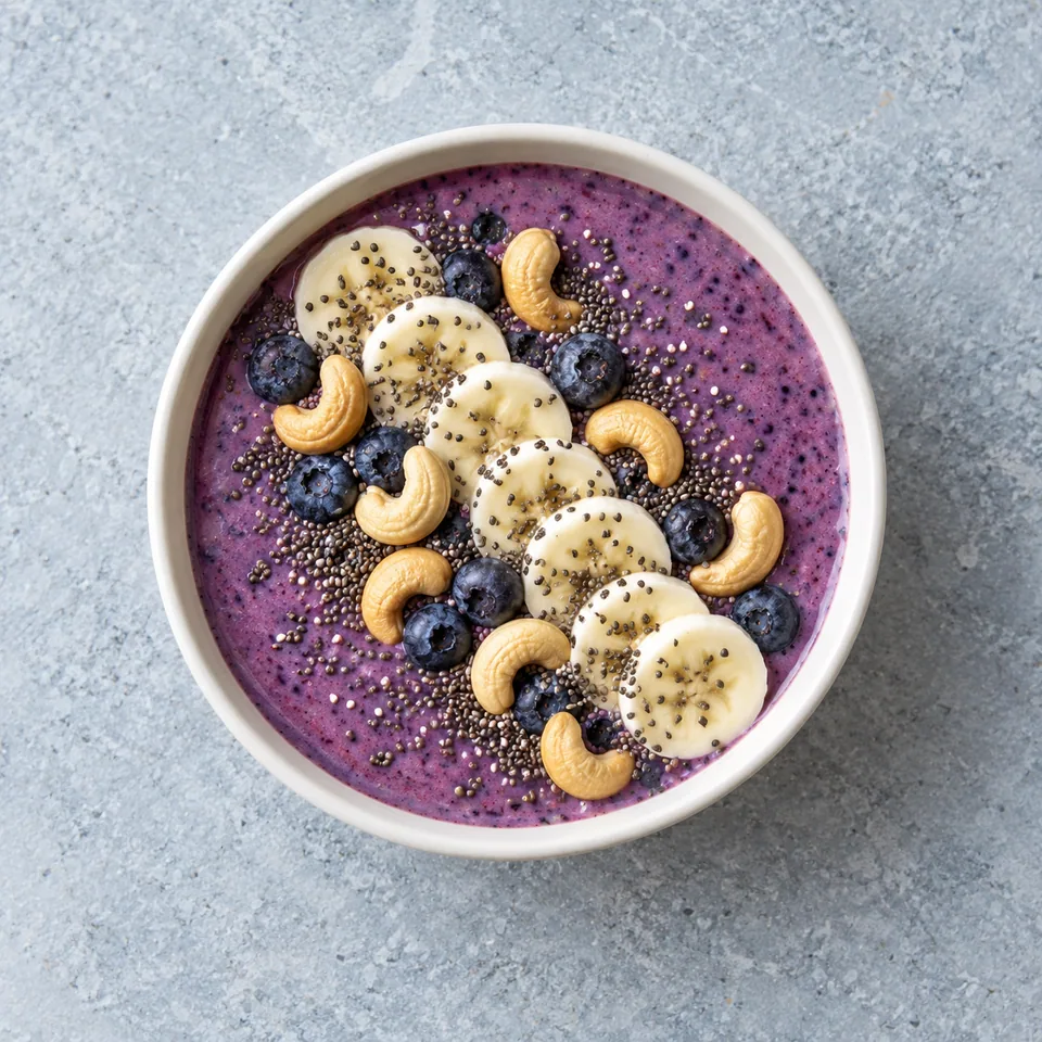 Smoothie-bowl aux myrtilles et cajou : base violette, rondelles de banane, noix de cajou et graines de chia dans un bol blanc.