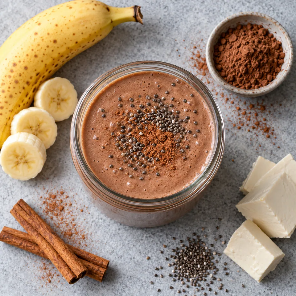 Smoothie cacao-banane au tofu soyeux dans un bocal en verre, couleur marron avec graines de chia et cannelle.