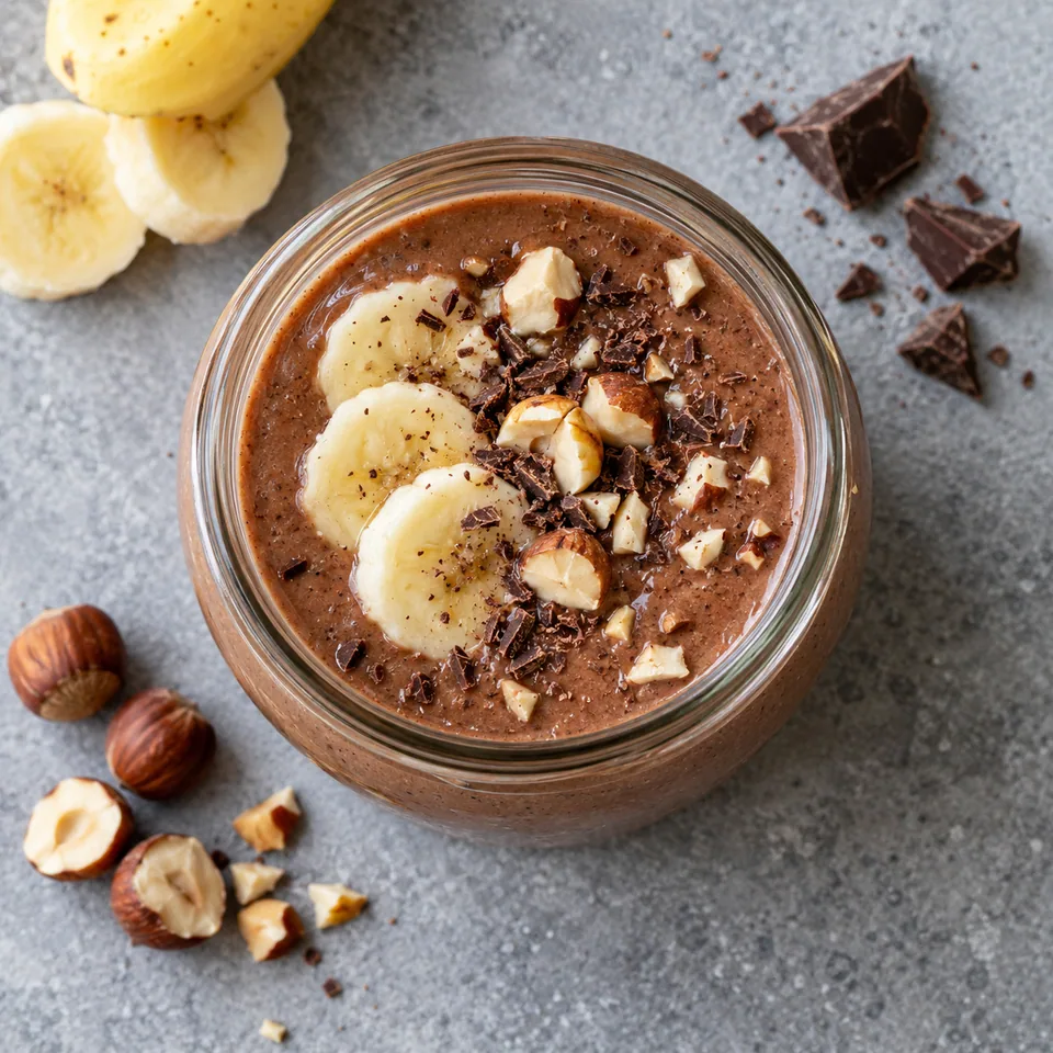 Smoothie chocolat, noisette et banane dans un bocal en verre, couleur brun intense avec garniture de banane et noisette.