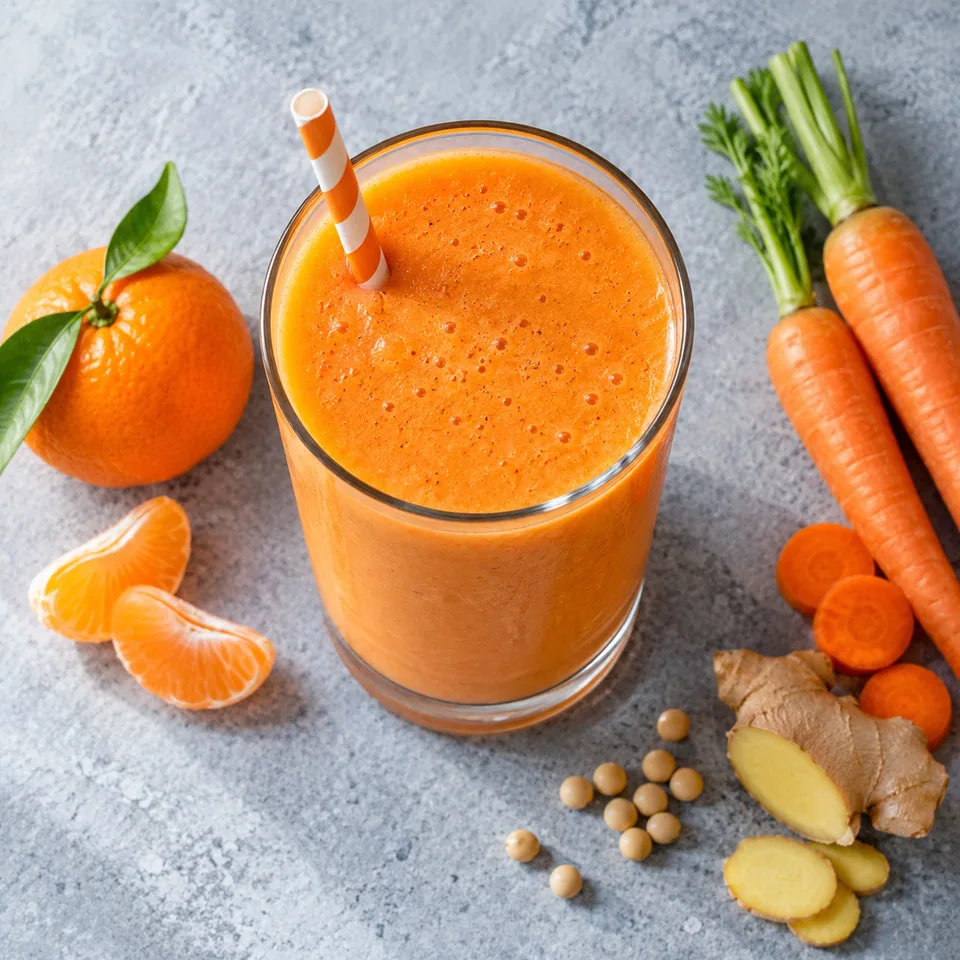 Smoothie clémentine, carotte et gingembre au soja dans un grand verre transparent, couleur orange vif et texture veloutée.