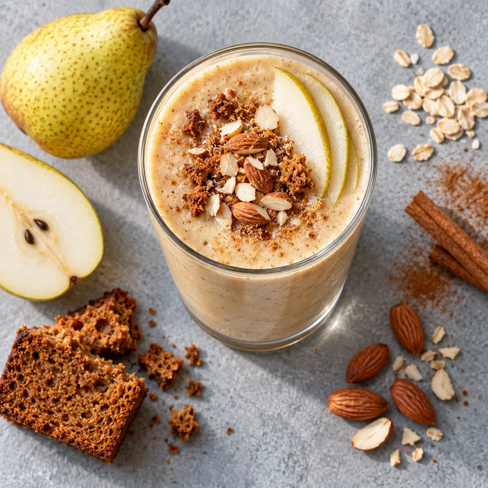 Smoothie pain d’épices, poire et amande dans un grand verre transparent, texture crémeuse beige doré.