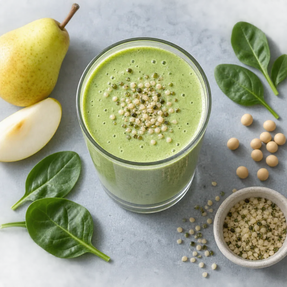 Smoothie vert pâle aux épinards et poire dans un grand verre transparent, parsemé de graines de chanvre dorées.