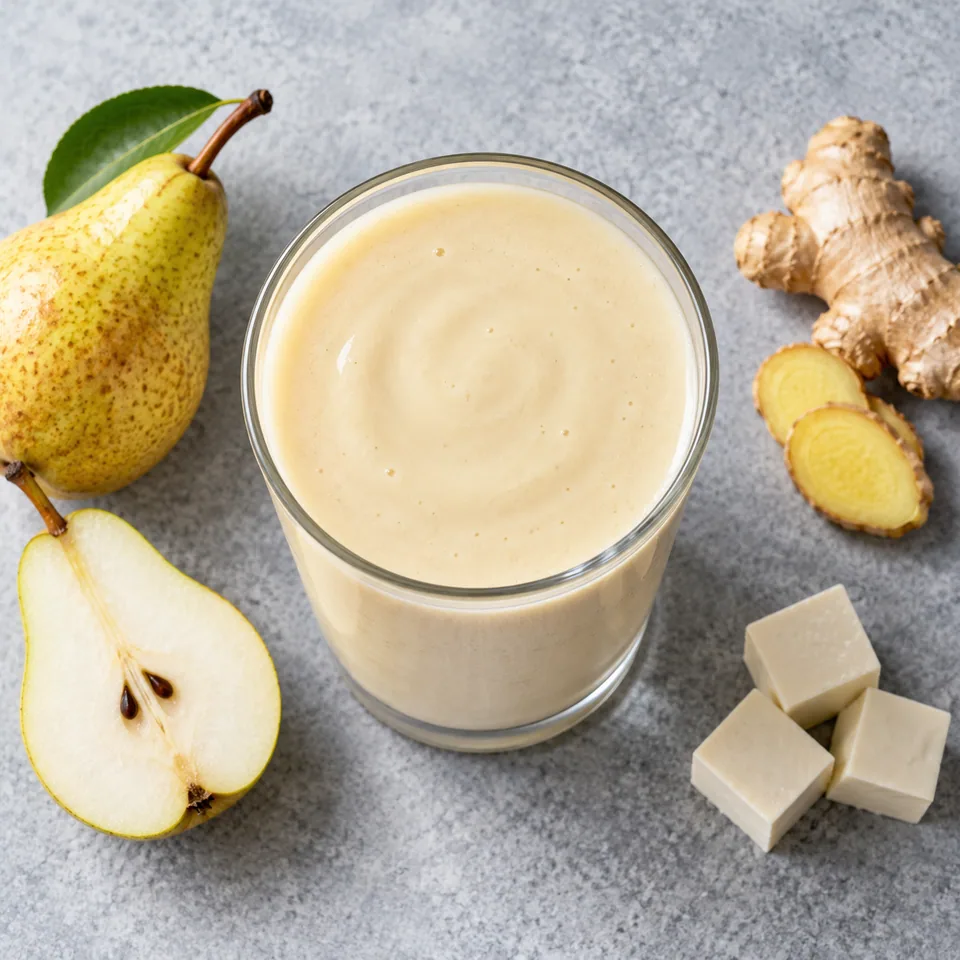 Smoothie poire-gingembre au tofu soyeux dans un verre transparent, texture lisse et couleur beige pâle.