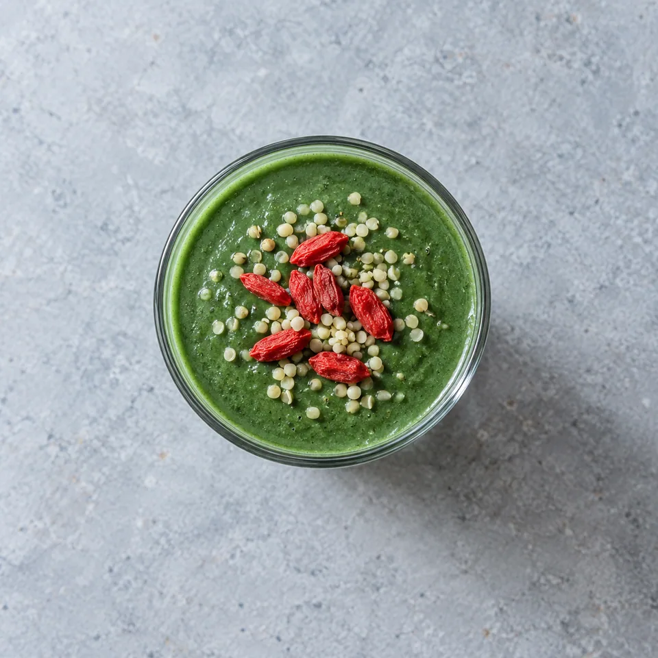 Smoothie vert spiruline et graines dans un verre, décoré de baies de goji et graines de chanvre
