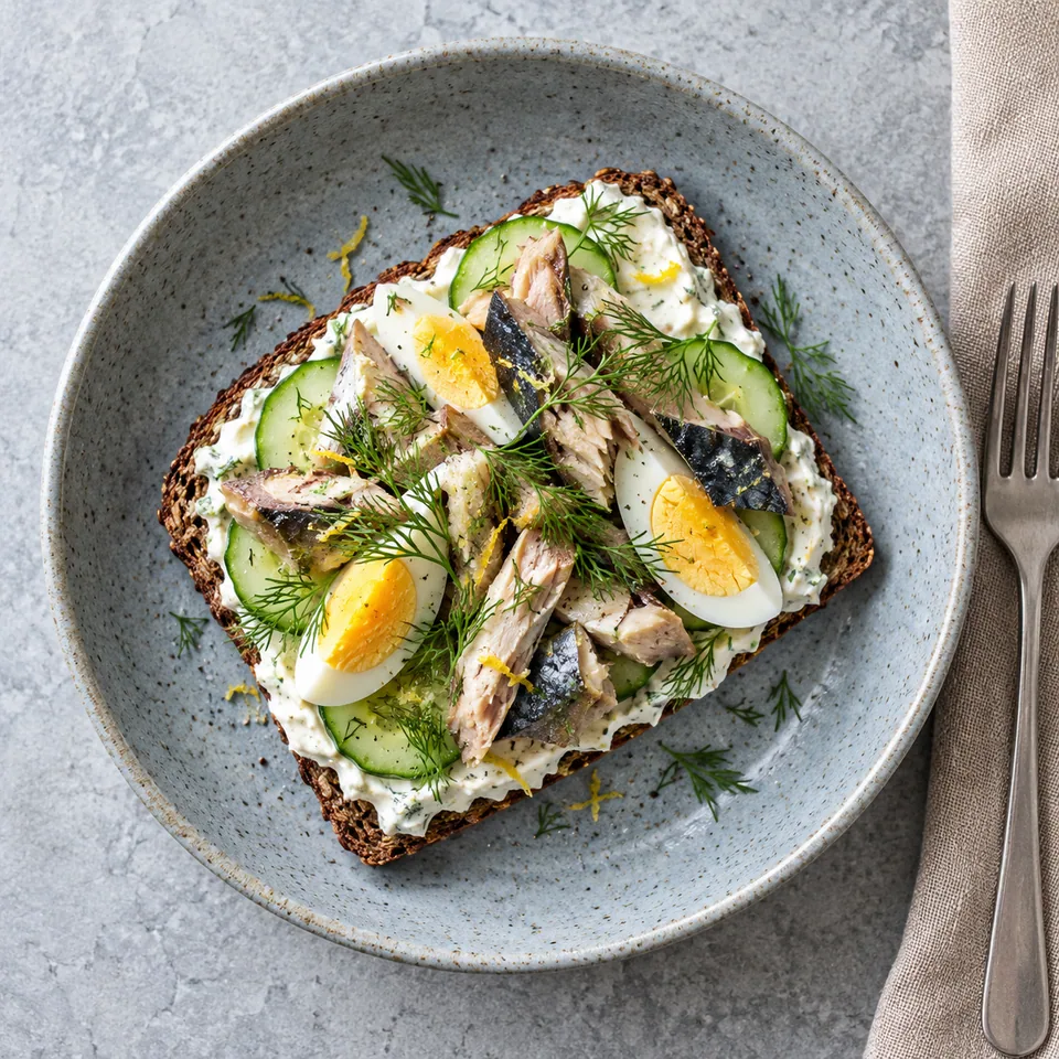 Smørrebrød au maquereau sur pain de seigle, garni de concombre, œuf dur et aneth frais sur assiette grise.