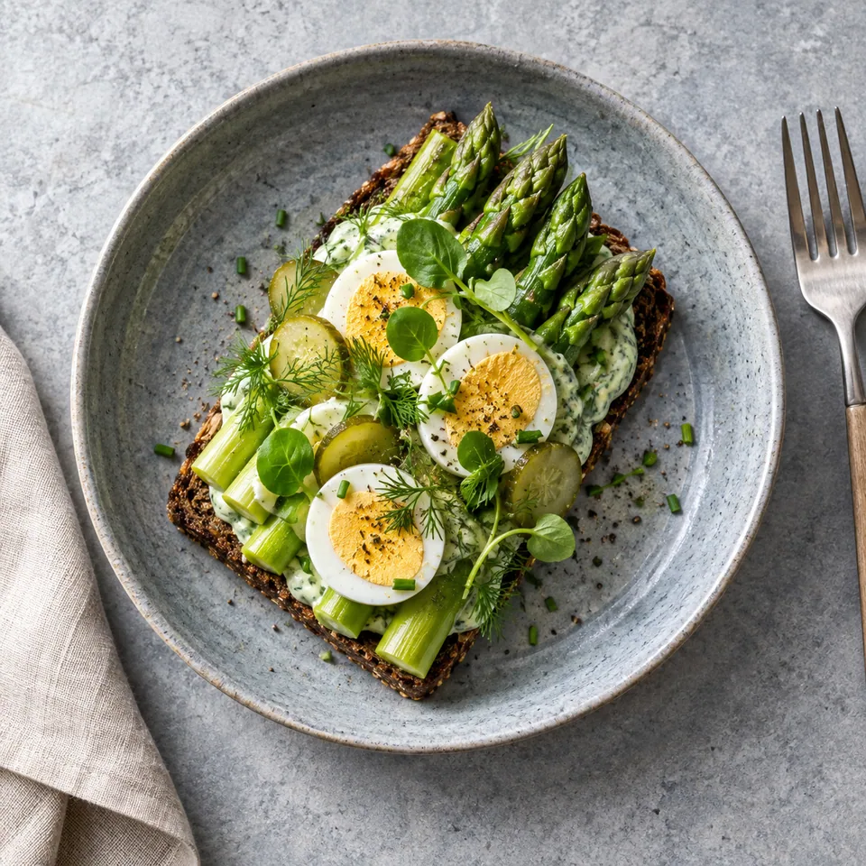 Smørrebrød aux asperges et œuf dur : pain de seigle tartiner de sauce verte, asperges, œuf dur et herbes sur assiette bleue.