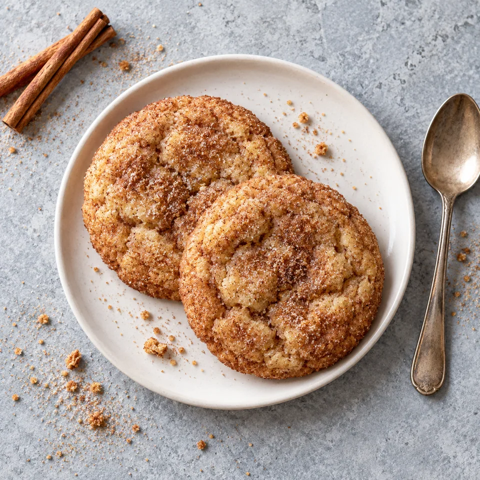 Deux snickerdoodles à la cannelle sur une petite assiette blanche, surface craquelée et enrobée de sucre.