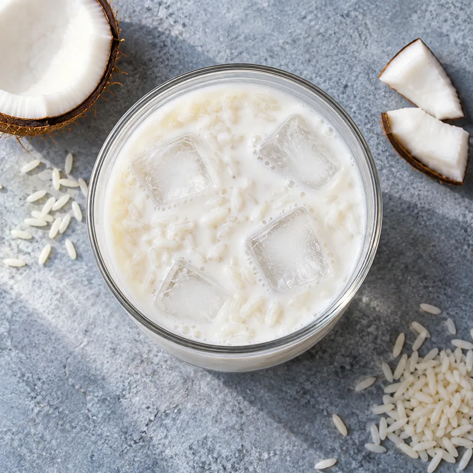 Sobia : verre de boisson égyptienne au riz et coco, blanche et onctueuse avec glaçons.