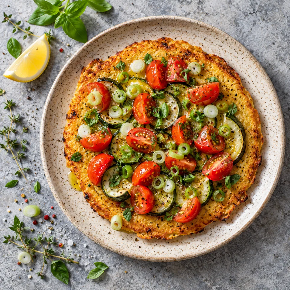 Socca du matin aux courgettes, tomates et herbes : galette dorée garnie de tomates et oignon sur assiette beige.
