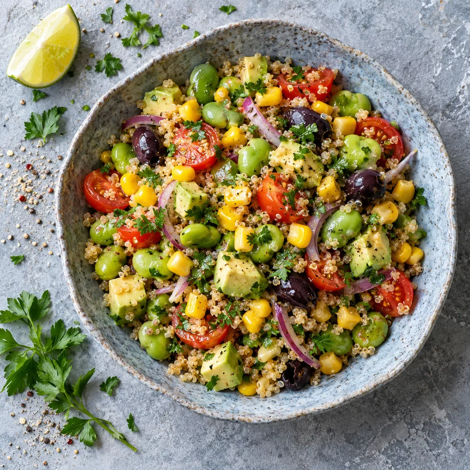 Solterito, salade péruvienne de fèves, maïs et quinoa dans un bol en grès bleu-gris.