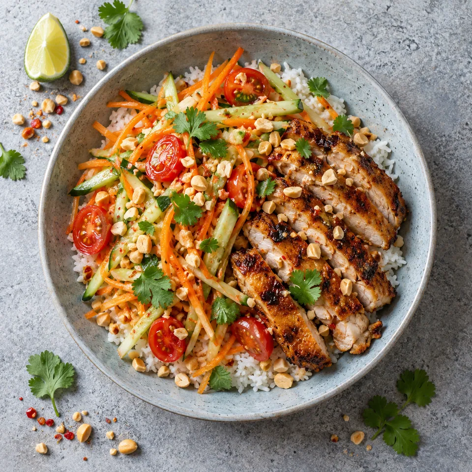 Assiette creuse bleu-gris : riz blanc, salade de carottes et concombre julienne, tomates cerises, poulet grillé doré et cacahuètes concassées.
