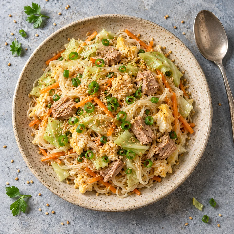 Sōmen chanpuru au thon et au chou : nouilles, thon, œufs brouillés, légumes et graines de sésame dans une assiette beige.
