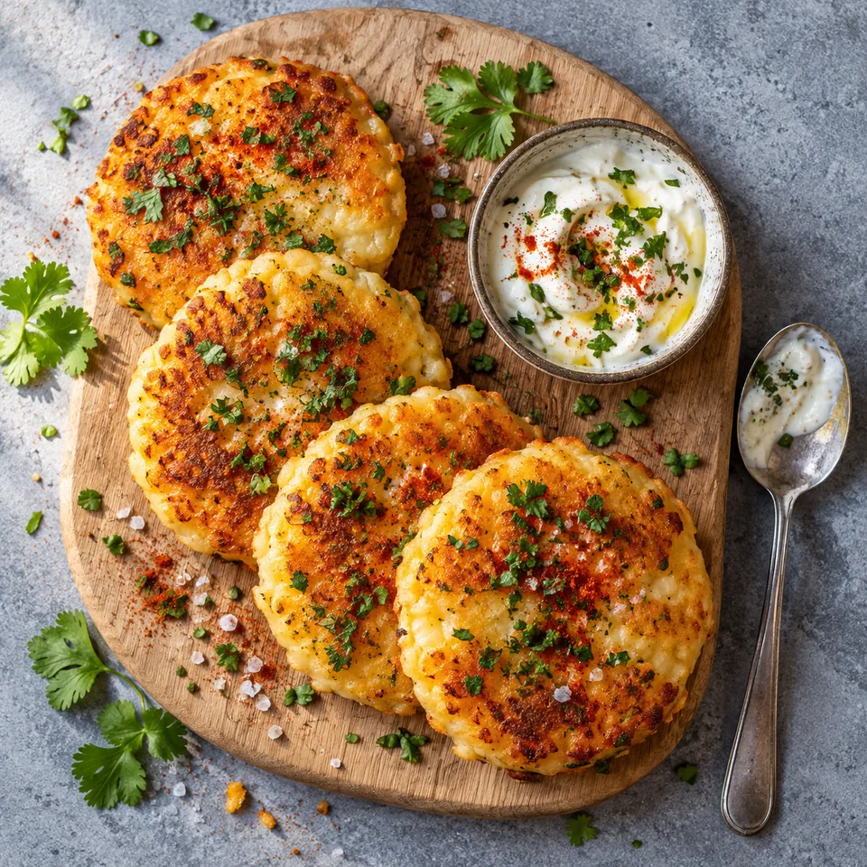 Sonso de yuca : quatre galettes boliviennes au fromage dorées et croustillantes sur une planche en bois.