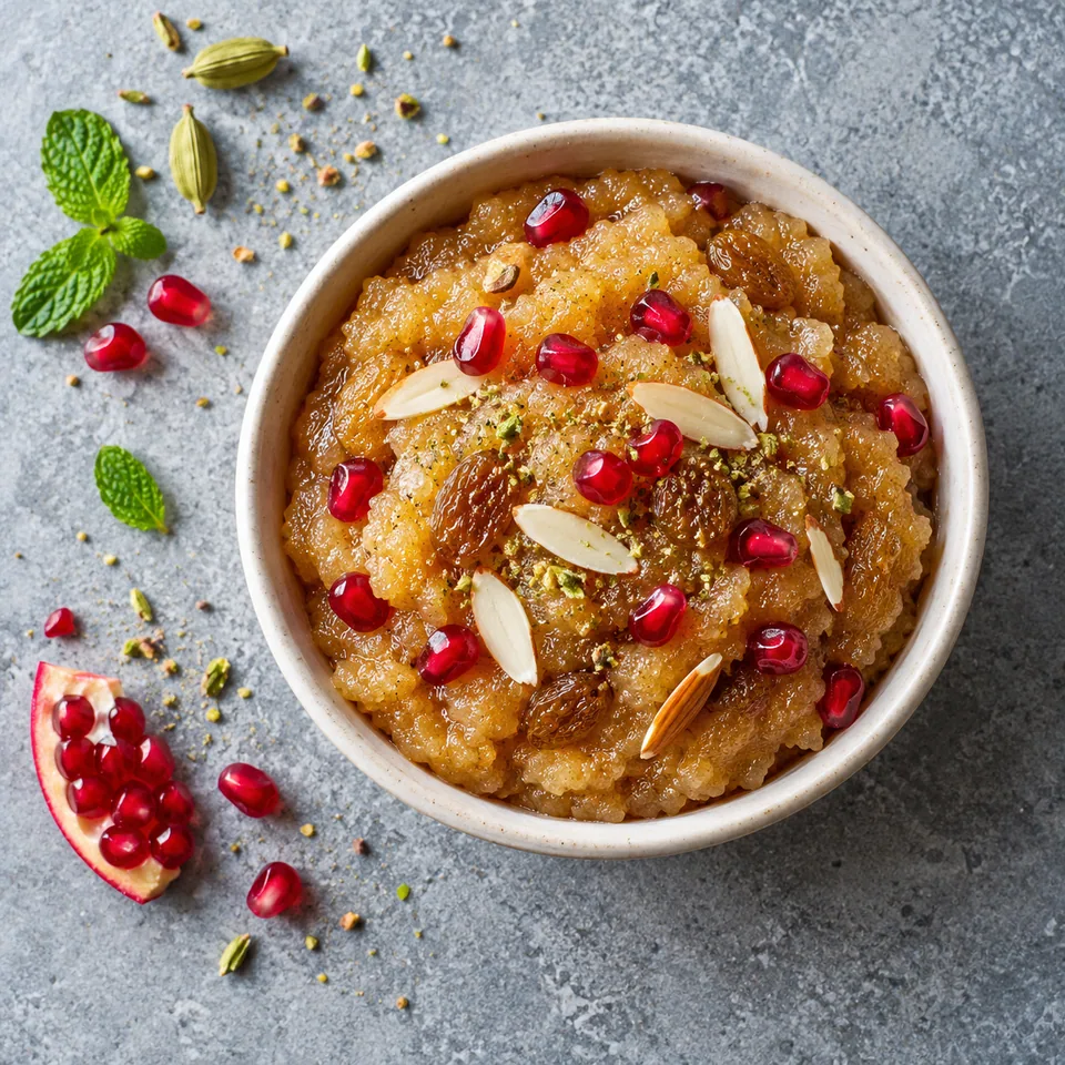 Sooji halwa doré dans un petit bol blanc, garni de grains de grenade rouge et d'amandes effilées.
