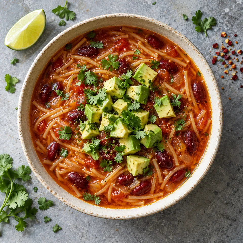 Sopa de fideo aux haricots, avocat et citron vert dans un grand bol en grès crème, garni d'avocat et coriandre.