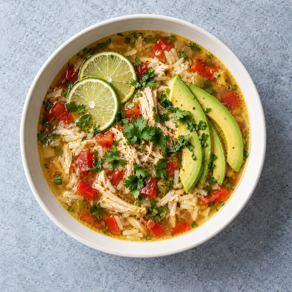Sopa de lima au poulet dans un bol blanc cassé : riz, poulet effiloché, dés de tomate et poivron, garni d'avocat, citron vert et coriandre.