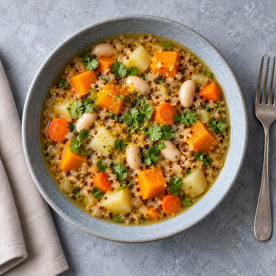 Sopa de quinoa aux légumes d’hiver et haricots dans une assiette creuse en grès bleu-gris pâle, garnie de coriandre.
