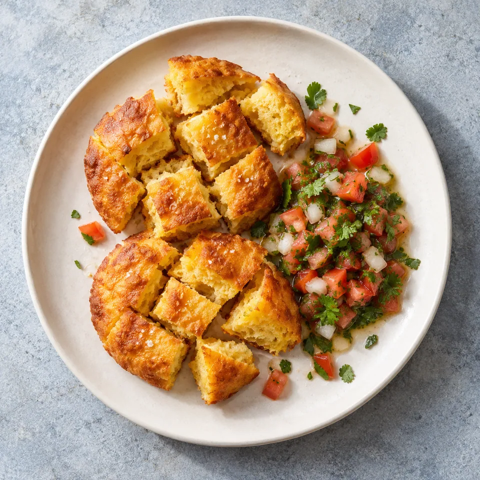 Sopaipillas au four et pebre chilien : deux beignets dorés en dés sur une assiette blanche avec une salsa rouge et verte fraîche.
