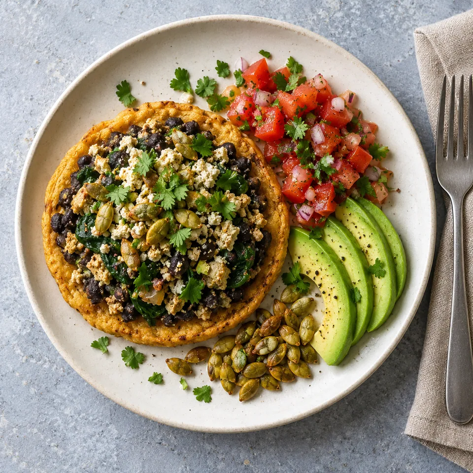 Sopes de maïs aux haricots noirs et salsa : galette dorée garnie de haricots, salsa rouge, avocat vert et graines de courge sur assiette blanche.