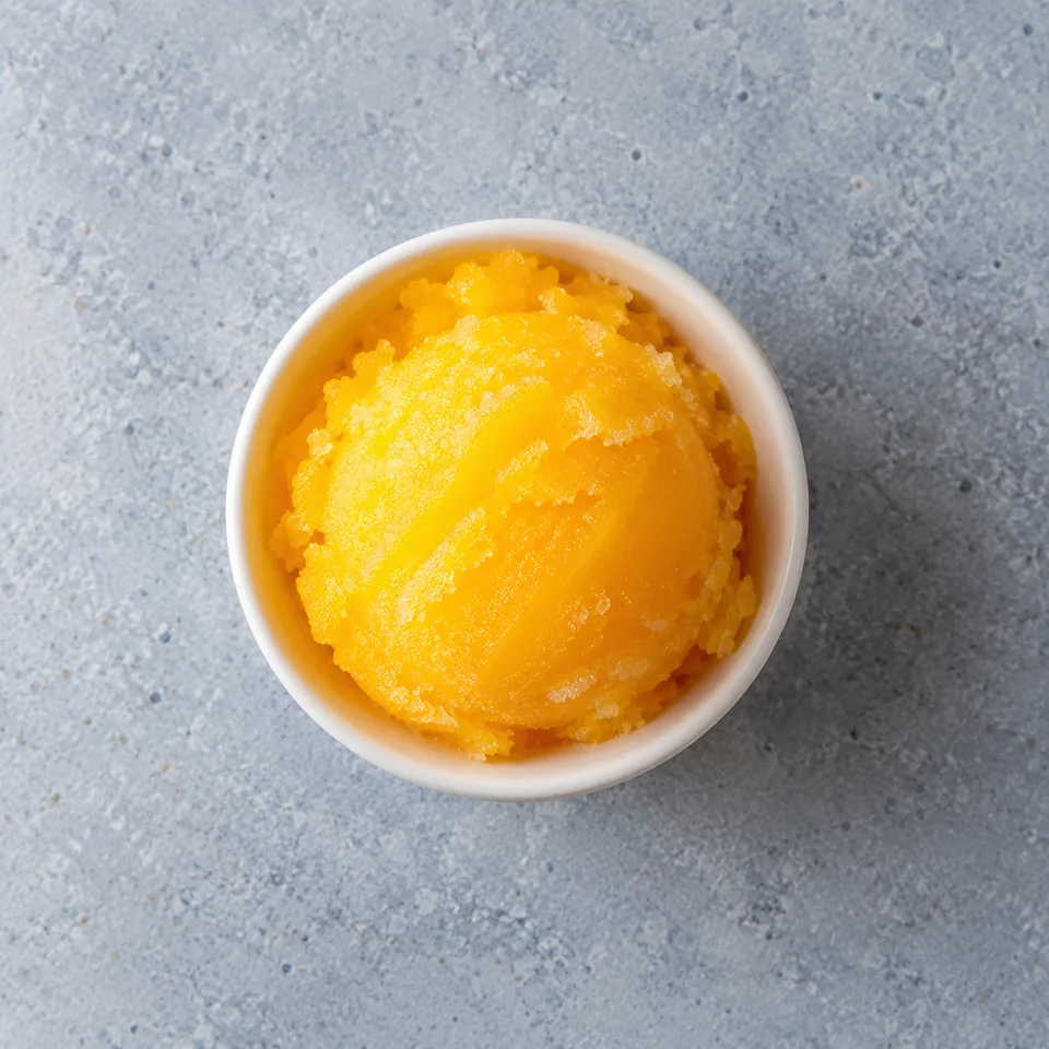 Sorbet à l’orange maison : deux ramequins blancs remplis d’une portion de sorbet jaune vif à la texture granuleuse.