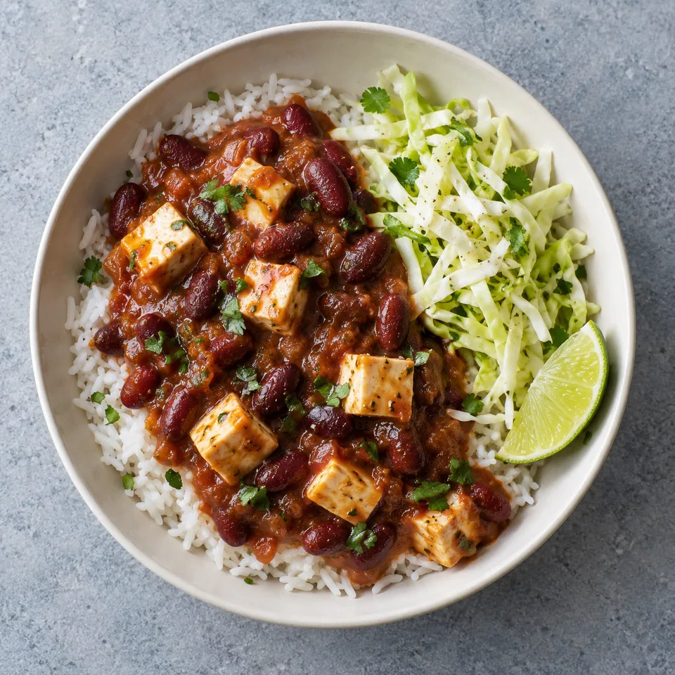 Bol de riz et sauce haricots rouges au tofu avec chou blanc croquant et citron vert.